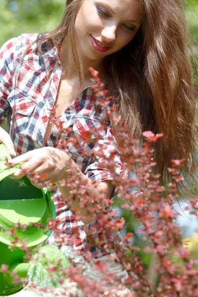 Retrato de uma atraente plantas de água do sexo feminino com uma rega ca — Fotografia de Stock