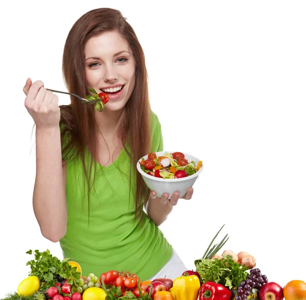 Frau mit Salat isoliert auf weiß — Stockfoto