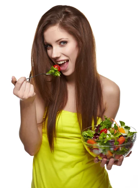 Donna con insalata isolata su bianco — Foto Stock