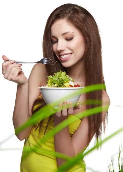 Happy healthy woman with salad — Stock Photo, Image