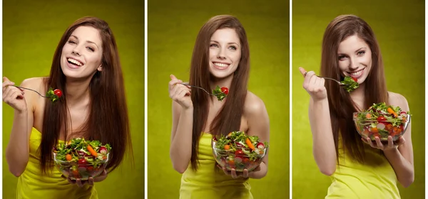 Uma mulher a comer salada. Imagens triplas — Fotografia de Stock