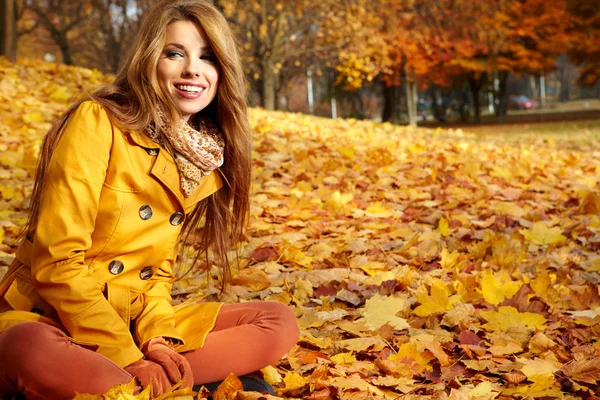 Mulher elegante bonita de pé em um parque no outono — Fotografia de Stock