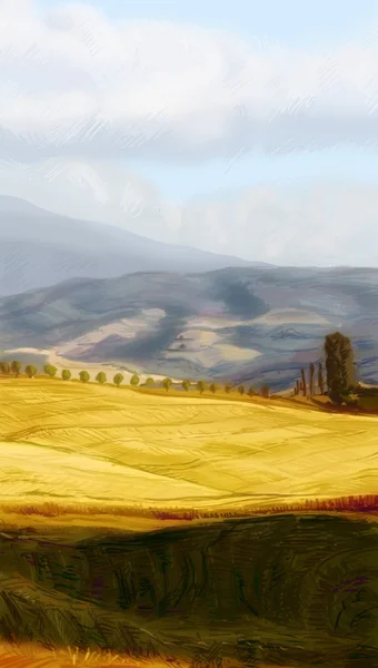 Venkovská krajina. typické toskánské kopce v Itálii. ručně kreslenou nemocný — Stock fotografie