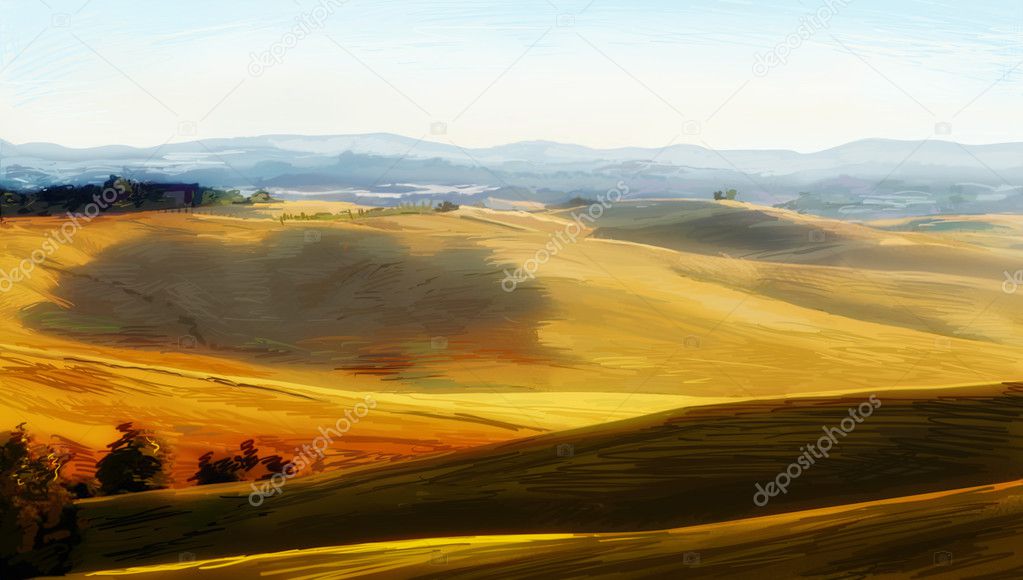 Country landscape. Typical tuscan hills in Italy. Hand drawn ill
