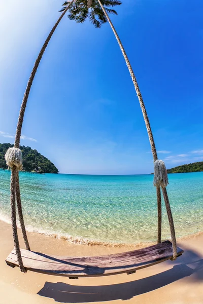 Swings and palm at tropical beach. — Stock Photo, Image