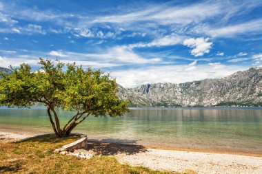 kumlu plajı ile deniz ve dağ