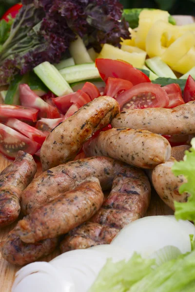 Stock image Grilled sausage, fresh herbs, tomatoes, onions