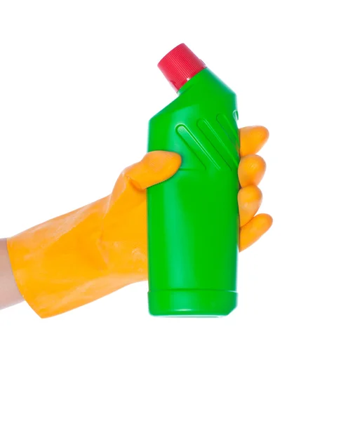 Garrafa de detergente na mão isolado em branco — Fotografia de Stock