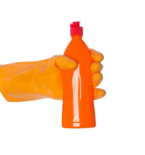 Detergent bottle in hand isolated on white — Stock Photo, Image
