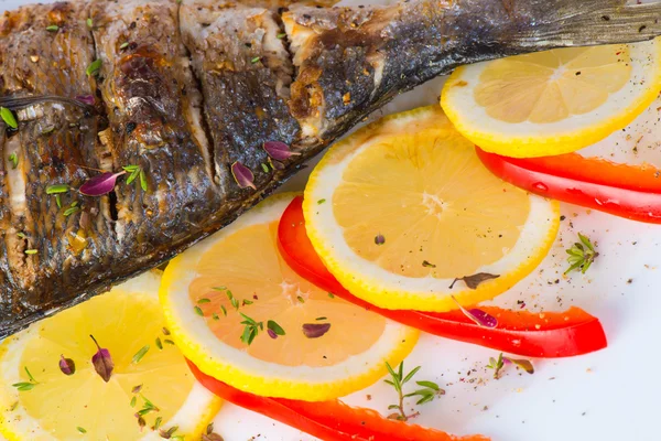 Fish, sea bass grilled with lemon — Stock Photo, Image