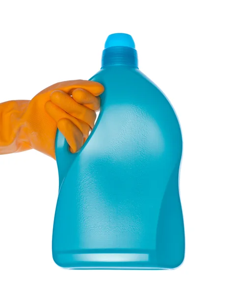 Bottiglia detergente in mano isolata su bianco — Foto Stock