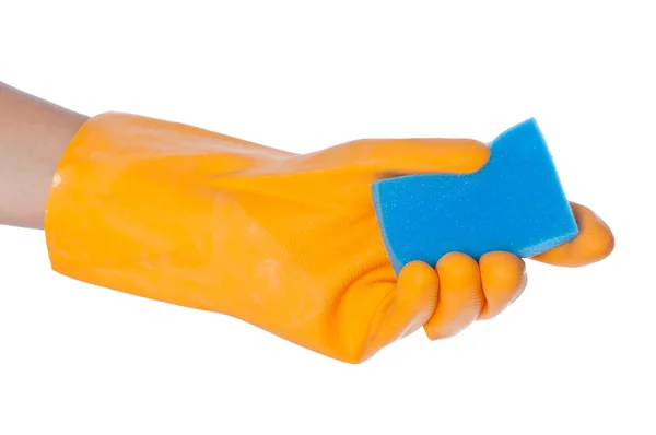Behandskade handen håller en kök svamp isolerad på en vit backgro — Stockfoto