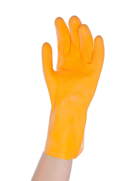 Рука в перчатках с кухонной губкой, изолированной на белом бэкгро — стоковое фото