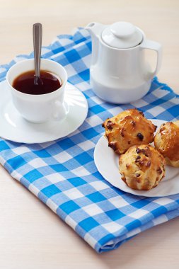 Muffins on plate, jug of milk and cup of coffee clipart