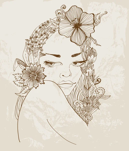 Mulher bonita desenhada à mão com flores no cabelo — Vetor de Stock