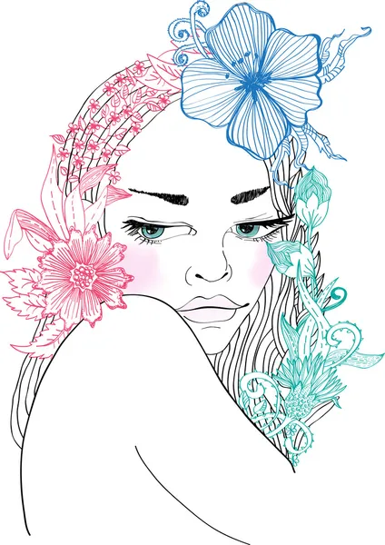 Ručně tažené krásná žena s květinami ve vlasech — Stockový vektor