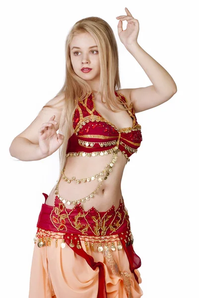 Linda jovem loira, dança árabe sobre branco — Fotografia de Stock