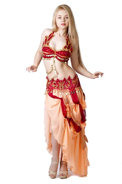 Piękna Młoda blondynka, tańca arabskiego nad białym — Zdjęcie stockowe