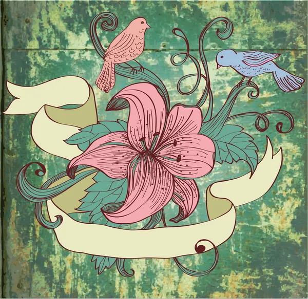 Παλαιόν Ιστορικόν μόδας με λουλούδι, πουλιά και κορδέλα — Διανυσματικό Αρχείο