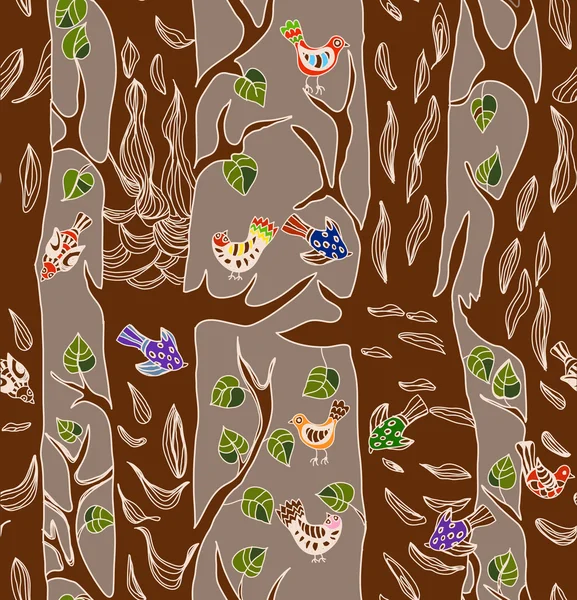 Fond sans couture avec des oiseaux drôles et l'arbre — Image vectorielle