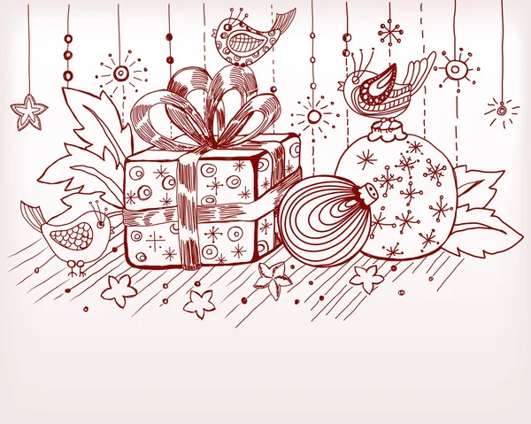 Handgezeichnete Weihnachtskarte für Weihnachtsdesign, mit Kugeln, Vögeln und — Stockvektor