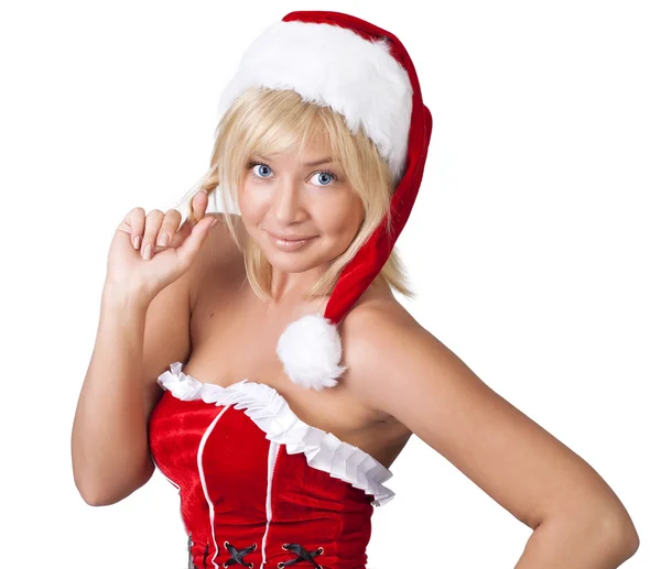 Beautiful smiling woman in Santa Claus clothes, portrait — Stock Photo, Image