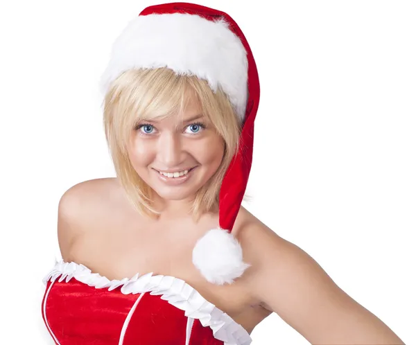 Belle femme souriante dans le chapeau du Père Noël — Photo