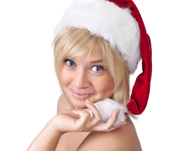 美丽的微笑着圣诞老人的帽子，女人肖像 — 图库照片