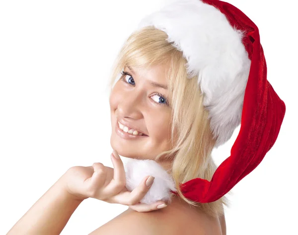 Bella donna sorridente in cappello di Babbo Natale, ritratto — Foto Stock