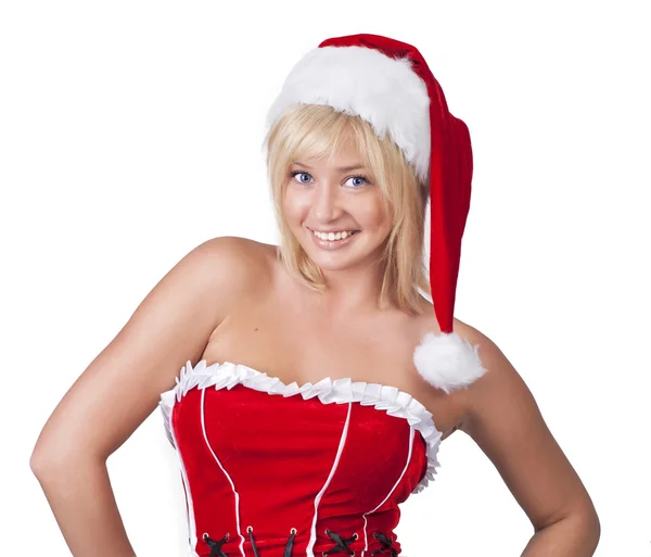Красивая улыбающаяся молодая женщина в одежде Санта-Клауса — стоковое фото