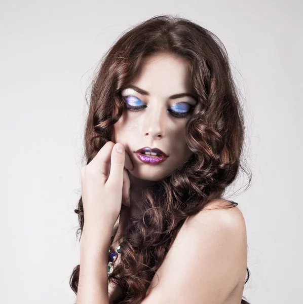 Bright blue eye make-up, beautiful woman portrait — Stock Photo, Image