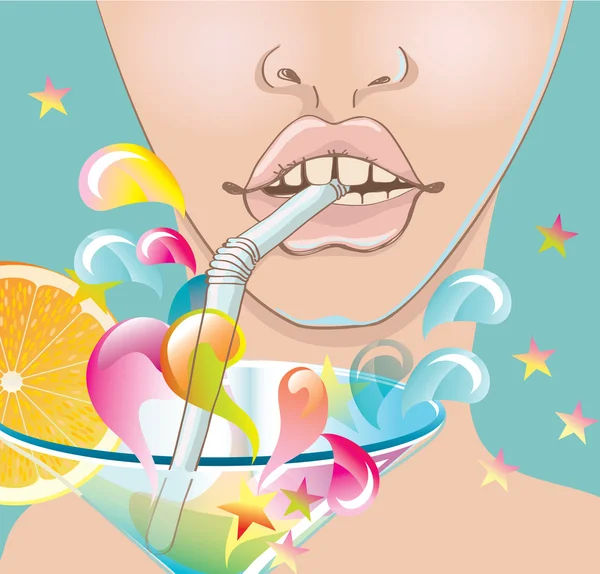 Belle femme visage, lèvres avec cocktail lumineux — Image vectorielle