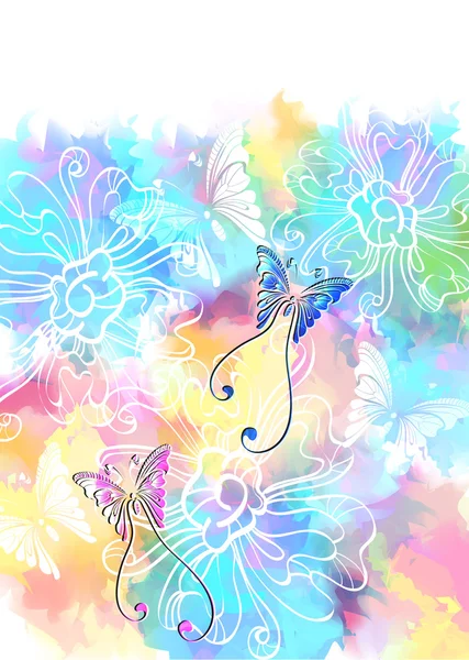 浪漫多彩花卉背景与蝴蝶 — 图库矢量图片