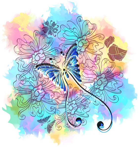 Romantische kleurrijke bloemen achtergrond met vlinder — Stockvector