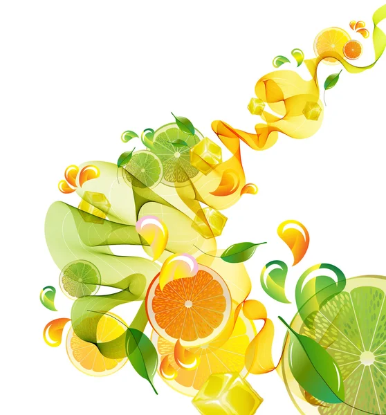 Orange och lime juice plask med abstrakt våg — Stock vektor