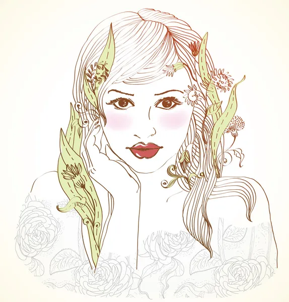 Mulher bonita desenhada à mão com flores no cabelo — Vetor de Stock
