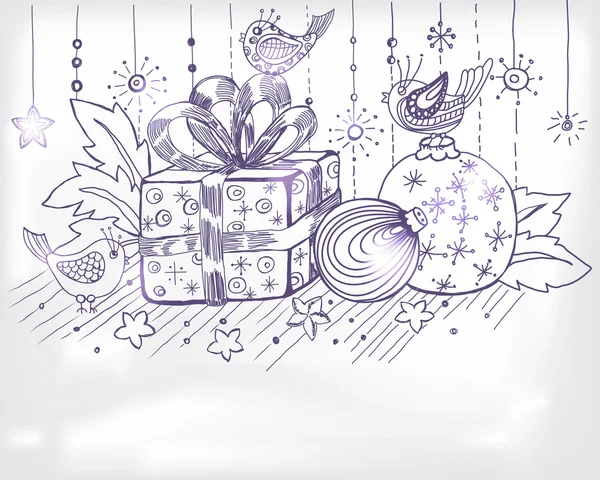 Tarjeta de Navidad dibujada a mano para el diseño de Navidad, con bolas, pájaros y — Vector de stock