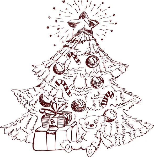 圣诞节手绘卡圣诞设计、 带球、 毛树 — 图库矢量图片