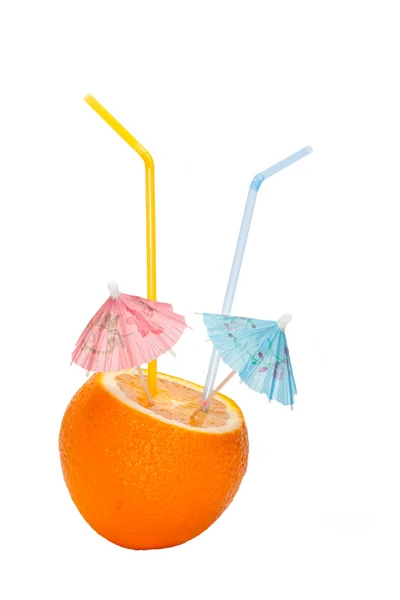 stock image Orange is made an incision with umbrellas and straws