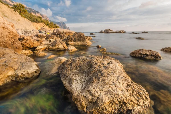 stock image Rocky coastline with pine trees on blue sky and sea background