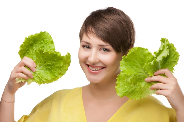 The girl is closed by salad sheet — Stock Photo, Image