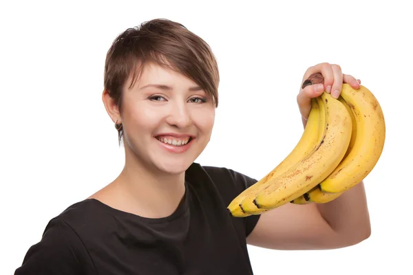 Portrait of attractive smiling woman studio shot with banana — Stock Photo, Image