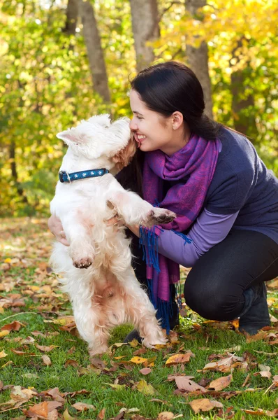 Wanita bahagia dengan anjing terrier putih dataran tinggi barat di musim gugur fores — Stok Foto
