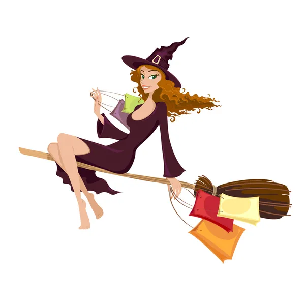 Halloween czarownica latająca na miotle — Wektor stockowy