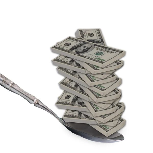 Money on a silver spoon. — Stock Photo, Image