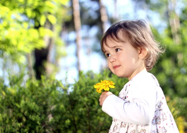 Härlig tjej med gul blomma — Stockfoto