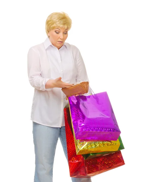 Starszy kobieta z torby i portfel — Zdjęcie stockowe