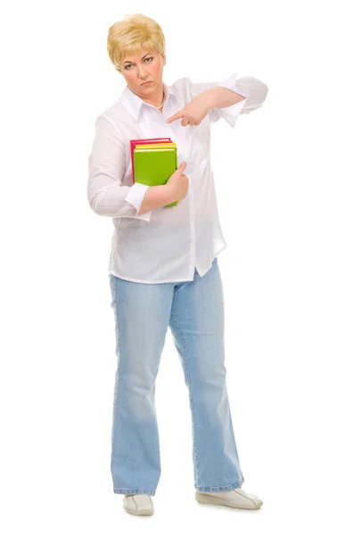 Wütende Oberlehrerin mit Büchern — Stockfoto