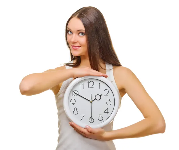 Young woman with clocks Stock Photo