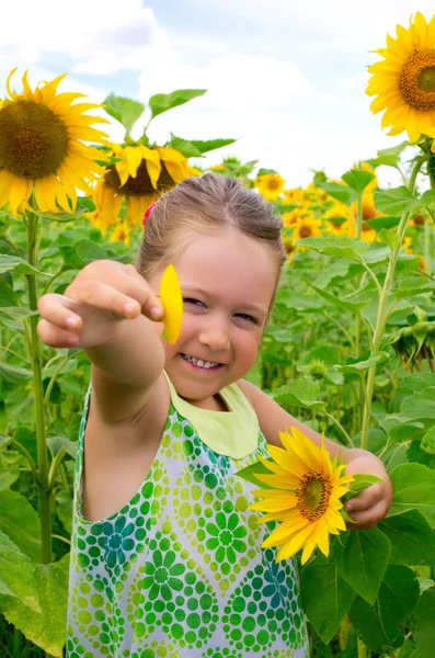Meisje op zonnebloemen veld — Stockfoto